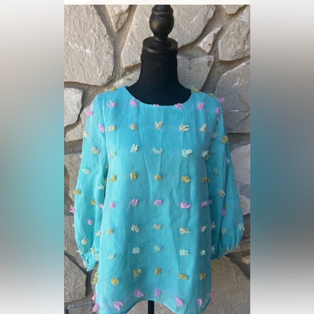 Jodifil Top Blouse XS S Spring Swiss Dot Textured Turquoise Blue Lined EC‎